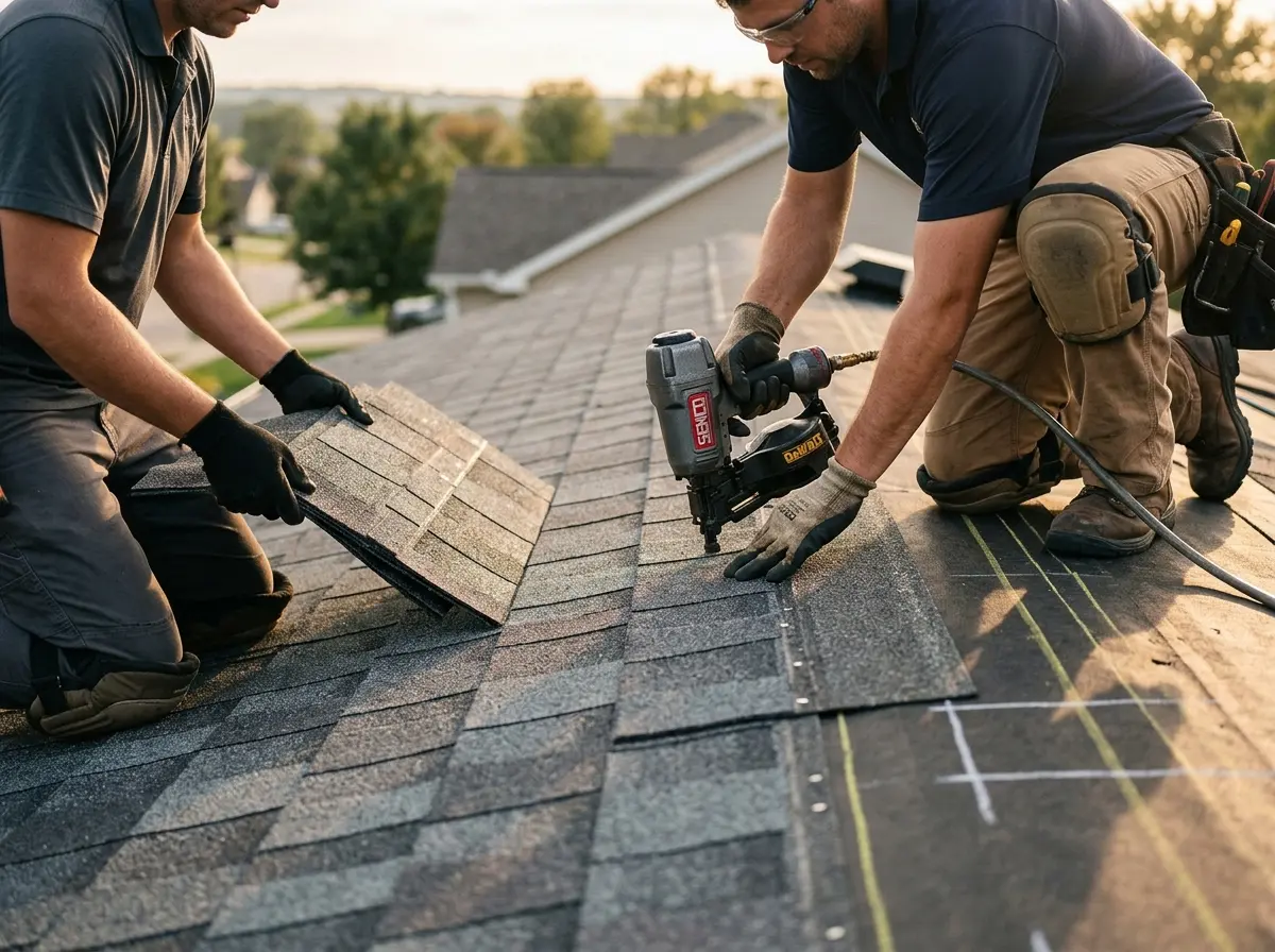 Professional roofer working on a residential roof in Warrensville Heights